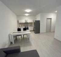 Living room with kitchen in a 2-room apartment, white furniture, gray sofa, dining table.