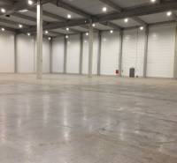 Spacious warehouses and halls with high ceilings and concrete floors.