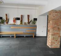 Gastro premises with a bench, decorations, and a brick wall in the interior.