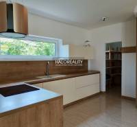 A kitchen in a family house with wooden cabinets and a large window.
