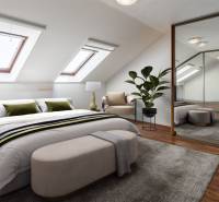 A bright attic bedroom with a large mirrored wardrobe in a 4-room apartment.