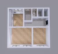 Floor plan with wooden flooring and separate rooms in a family house.