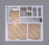 Floor plan of a family house with two rooms and a bathroom, light wooden floors.