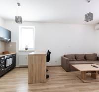 Kitchen and living room in a 2-room apartment with wooden flooring and a sofa.