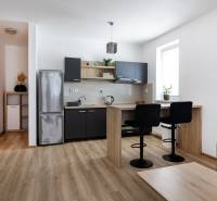 A kitchen in a 2-room apartment with a dining counter and modern equipment.