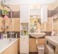 A bathroom in a 3-room apartment with a wooden floor, a sink, and a washing machine.