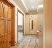 Wooden door, hallway with flooring, wardrobe and view into the living room in a 2-room apartment.