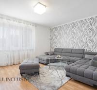 Living room of a 2-room apartment with a comfortable gray sofa, patterned wallpaper, and wooden flooring.
