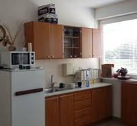 Kitchen interior with cabinets, microwave, refrigerator, and sink in warehouse and hall spaces.