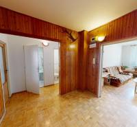 A hallway with light wooden paneling in a 3-room apartment and entrance to the living room.