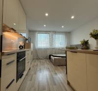 Kitchen area in a studio apartment with wooden flooring and a dining nook.