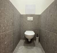 A toilet with stone cladding in a studio apartment, a soft mat in front of the toilet.