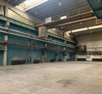 Industrial interior of warehouses and halls with high ceilings and metal structures.