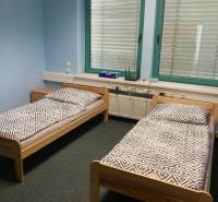A room with two single beds, in an office interior with blue walls.