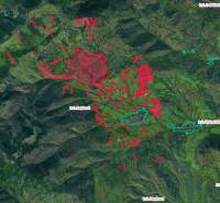 Aerial map with marked agricultural and forest lands in the cadastral area of Rejdová.