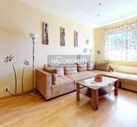 Living room with a sofa, decorations, and a large window in a 3-room apartment.
