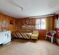 Interior of a family house with wooden paneling, simple furniture, and carpeted flooring.