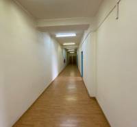 A long corridor with wooden floors and white walls in offices.