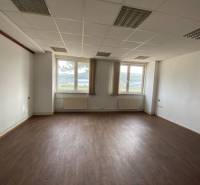 Office space with a dark floor and a window with a view.