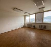Empty office with wooden floor and large windows.