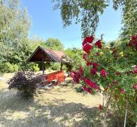 A cottage in Radvani nad Dunajom surrounded by a garden with red flowers and trees.