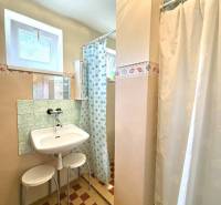 A bathroom in a cabin with a sink, shower, and a window for natural light.