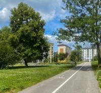 Exterior with greenery, a cycling path, and apartment buildings on Okružná Street in Stará Ľubovňa.