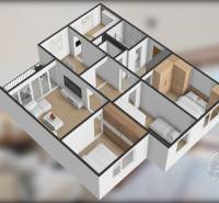 Floor plan of a 4-room apartment with furniture, including a living room, kitchen, and bedrooms.