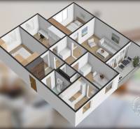 3D floor plan of a 4-room apartment with a living room and kitchen.