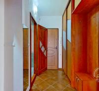 Hallway with built-in furniture in a 4-room apartment, tiles, entrance door.