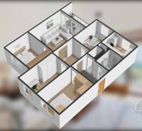 3D floor plan of a 4-room apartment with a living room, kitchen, bedrooms, and bathroom.