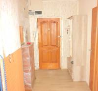 The hallway in the entrance of a 2-room apartment with wooden doors and simple furniture.