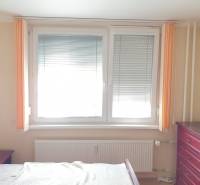 Bedroom in a 2-room apartment with a large window, radiator, and dresser.