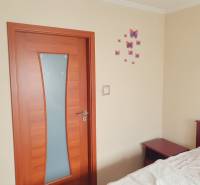 Doors in a 2-room apartment with butterfly motifs on the wall and a bed next to it.