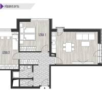 Floor plan of a 3-room apartment with a living room, kitchen, and two bedrooms.