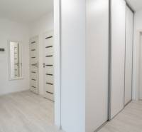 A hallway in a 3-room apartment with doors, a mirror, and a built-in wardrobe.