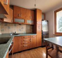 A kitchen with wooden cabinets and a dining table in a studio apartment.