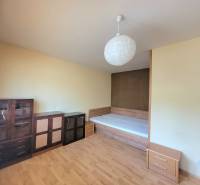 A simple room with a bed, cabinets, and wooden flooring in a studio apartment.