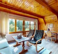 A wooden interior of a cabin with comfortable seating and a view of nature through a large window.