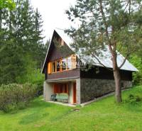 A cottage in the outskirts of Dolná Lehota surrounded by dense coniferous trees and a green lawn.