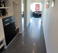Interior of a family house with a long hallway, black cabinets, and part of the living room.