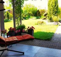 A terrace of a family house with a swing and a view of a garden with greenery.