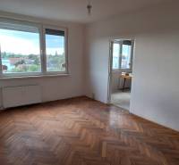 Spacious room with parquet flooring in a 3-room apartment, city view.