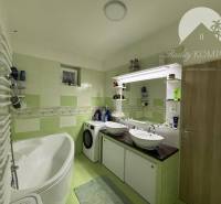 A bathroom in a family house with a bathtub, sink, and washing machine in green and white shades.