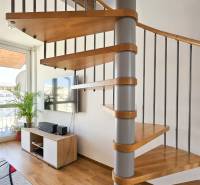 A spiral staircase in a 4-room apartment is complemented by a television, windows, and a plant.