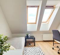 An attic workspace with skylights, a desk, and a chair in a 4-room apartment.