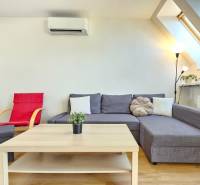 Living area of a 4-room apartment with a sofa, armchair, and skylights.