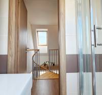 Bathroom with a shower, wooden door, and a view of the staircase in a 4-room apartment.
