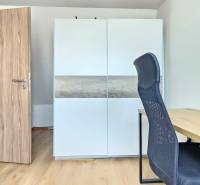 A room with a table, a black chair, a white wardrobe, and a plant in a four-room apartment.