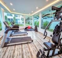 Interior fitness room with exercise machines in a residential building.
